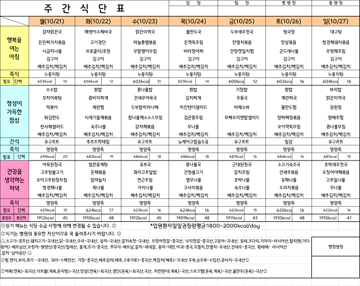 주간식단표(24.10.21 ~ 24.10.27)