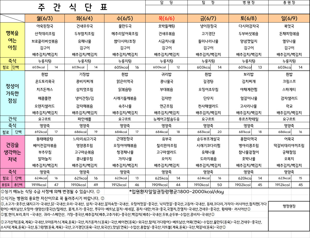 주간식단표(24.6.3 ~ 24.6.9)