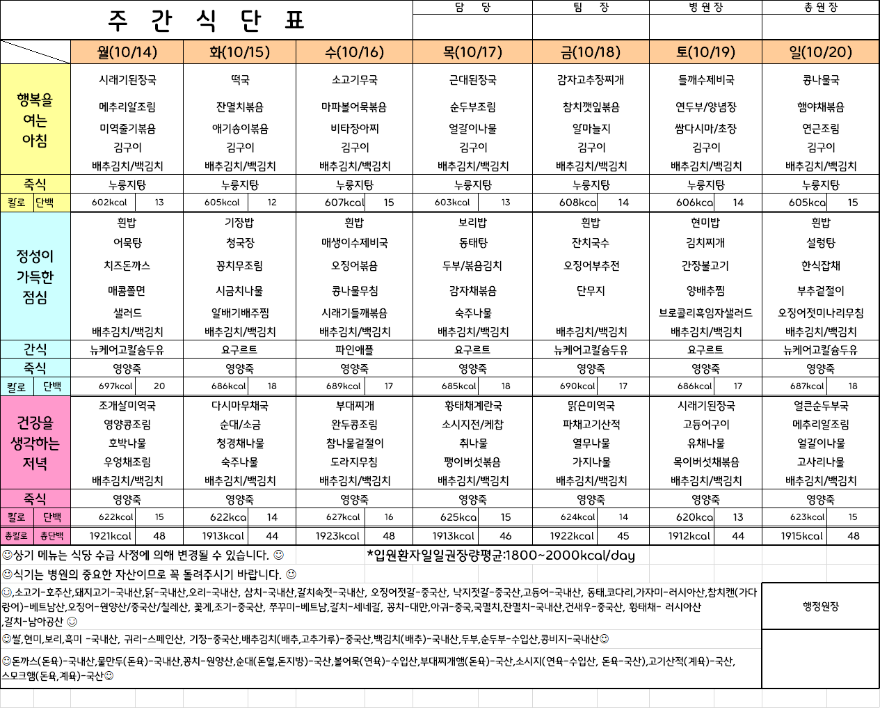 주간식단표(24.10.14 ~ 24.10.20)