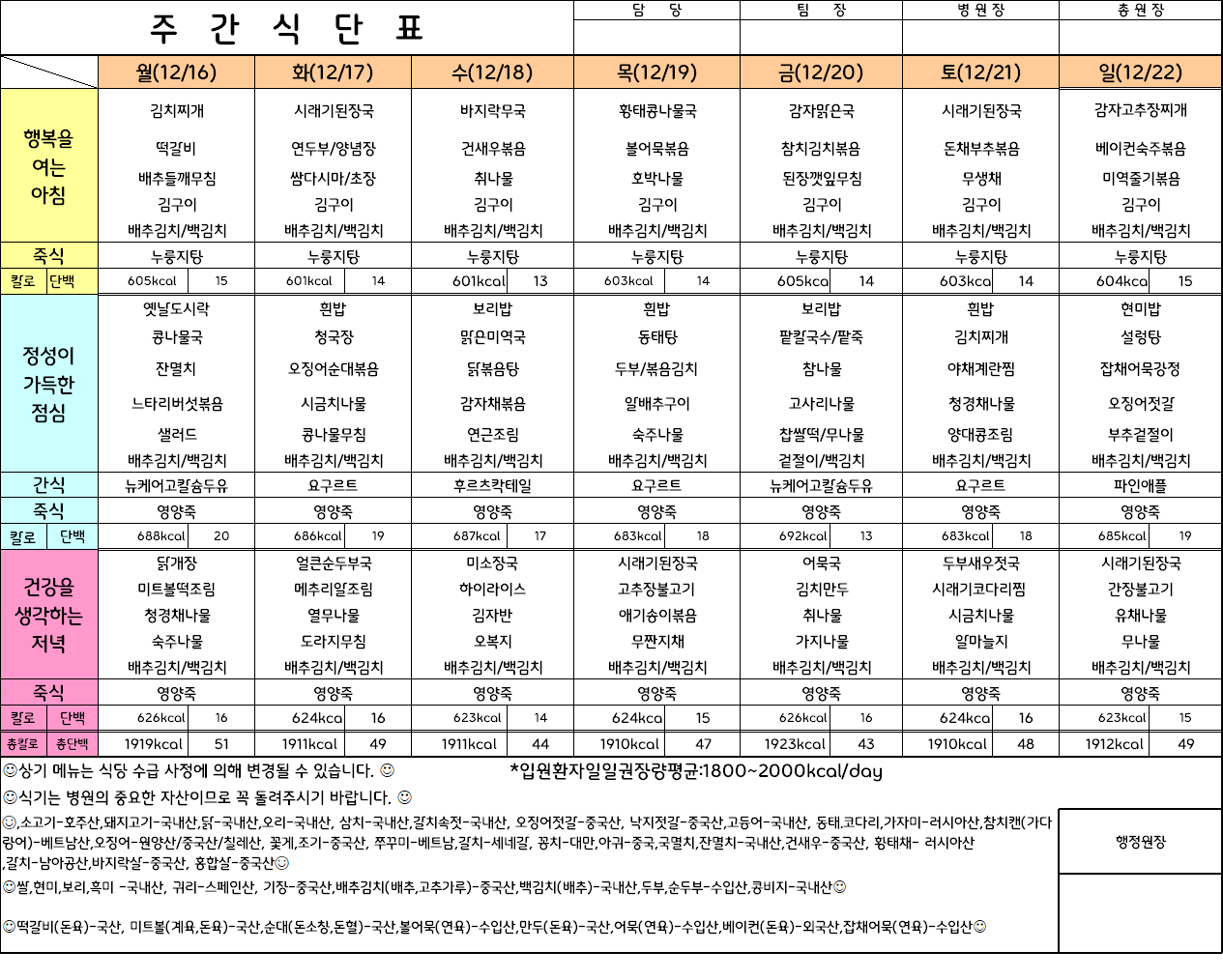 주간식단표(24.12.16 ~ 24.12.22)