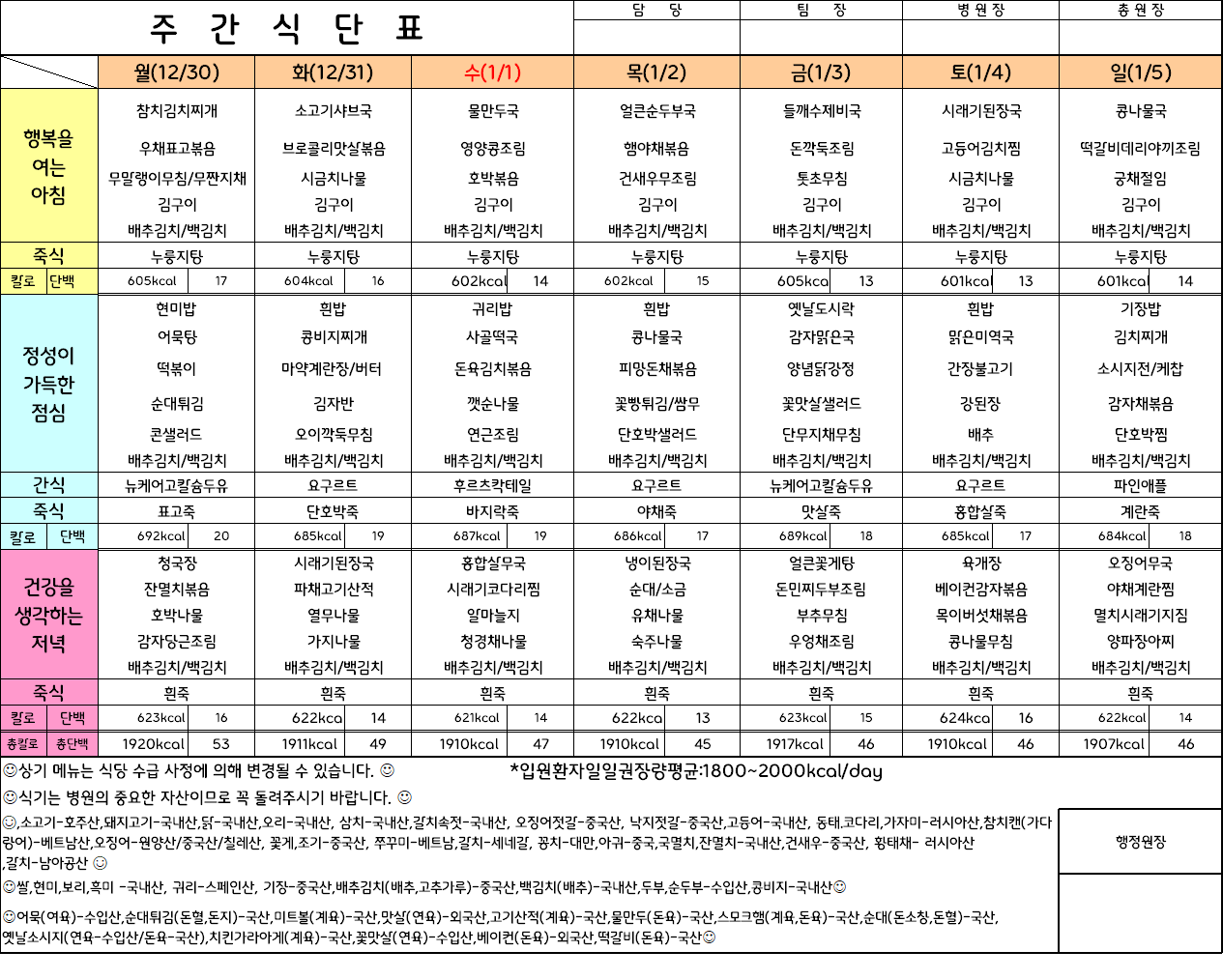 주간식단표(24.12.30 ~ 24.1.5)