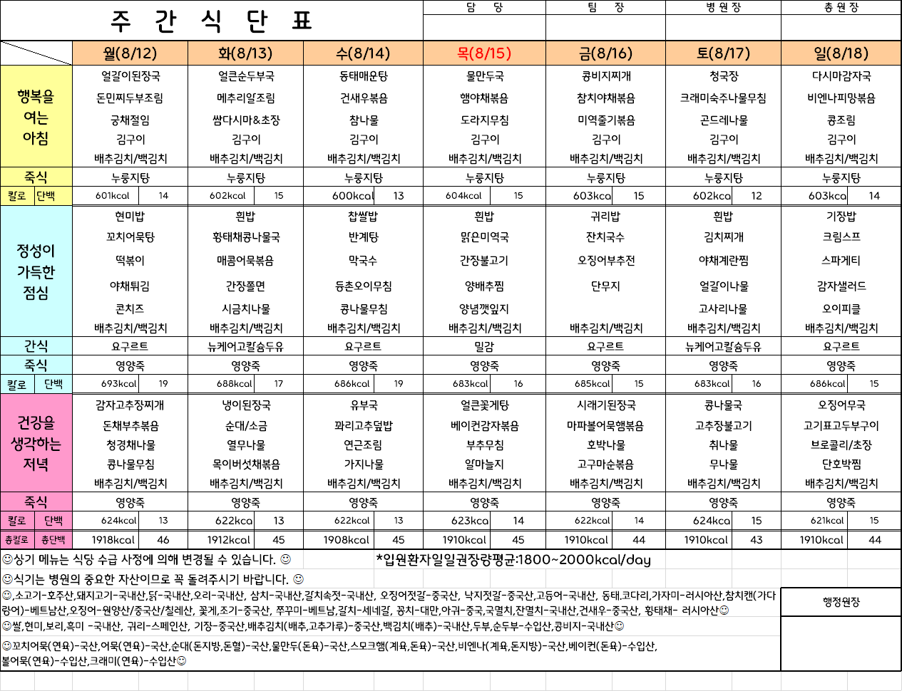 주간식단표(24.8.12 ~ 24.8.18)