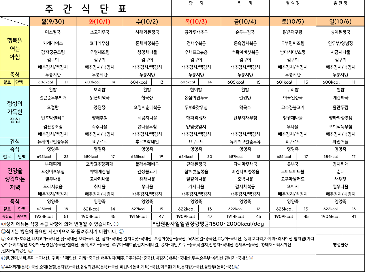 주간식단표(24.9.30 ~ 24.10.6)