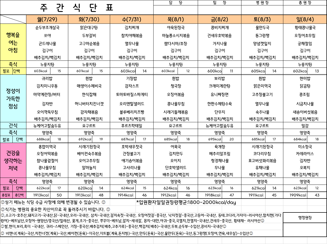 주간식단표(24.7.29 ~ 24.8.4)