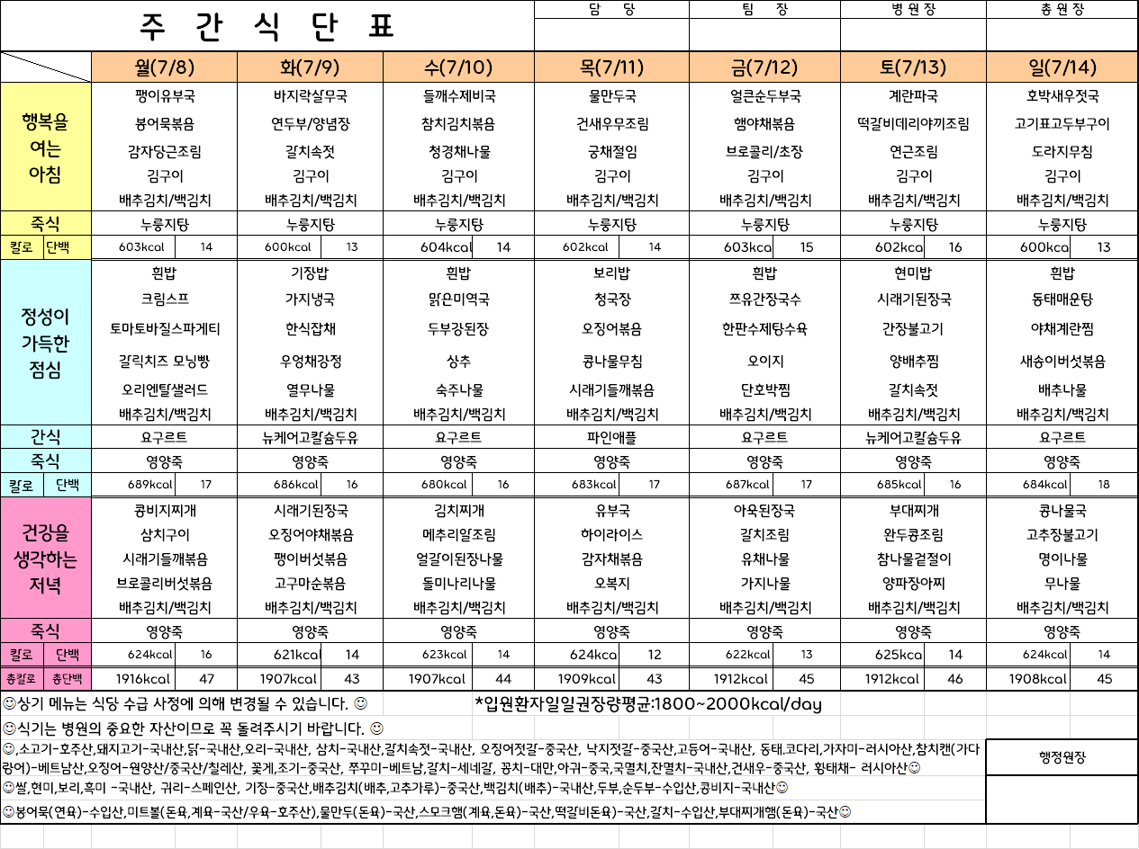 주간식단표(24.7.8 ~ 24.7.14)