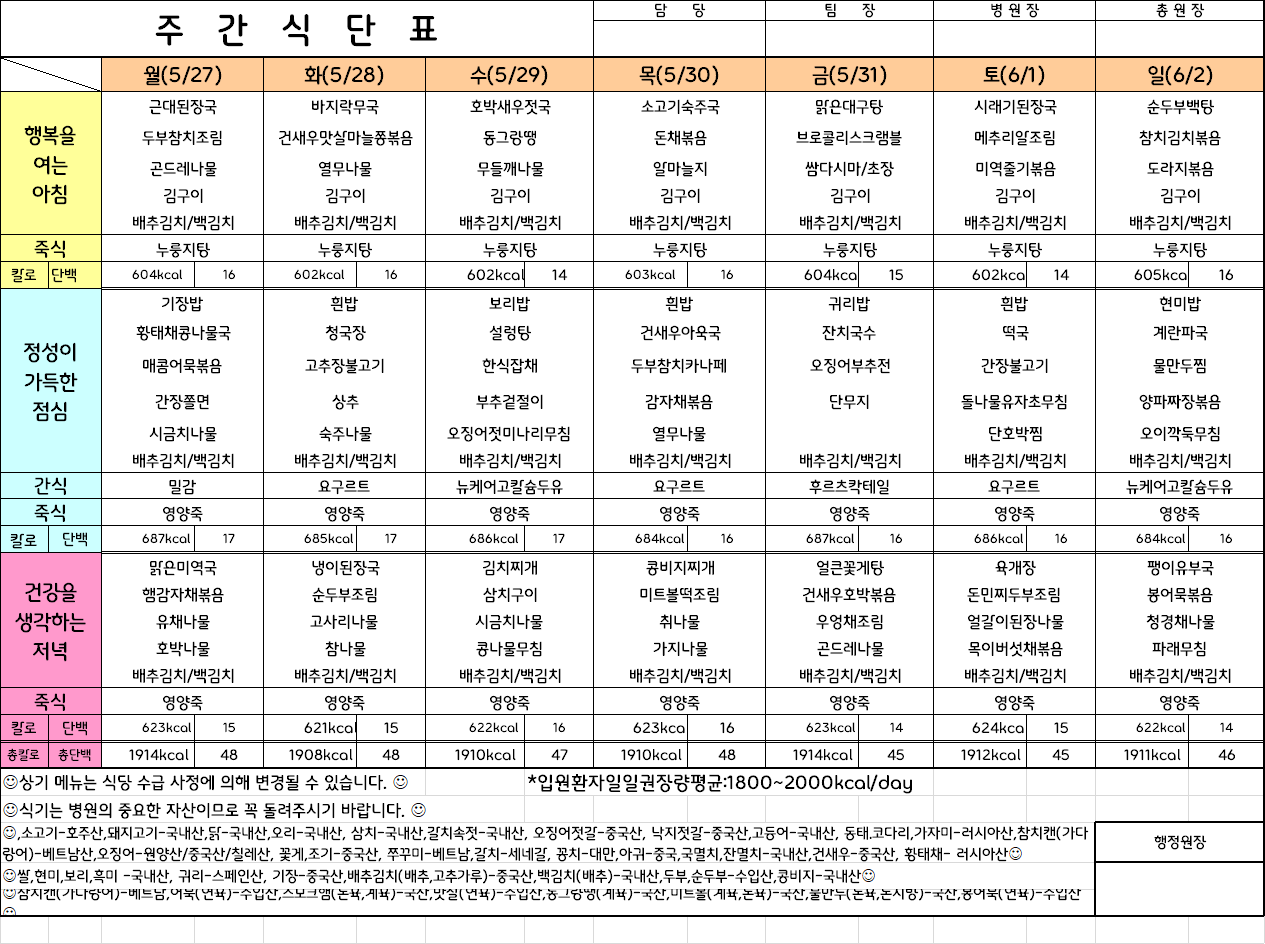 주간식단표(24.5.27 ~ 24.6.2)