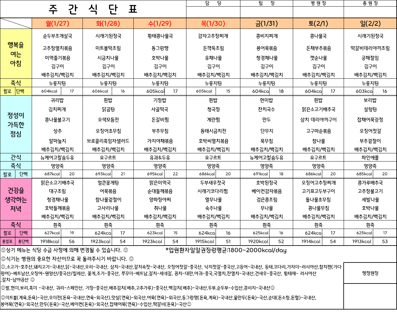 주간식단표 (25.1.27~25.2.2)