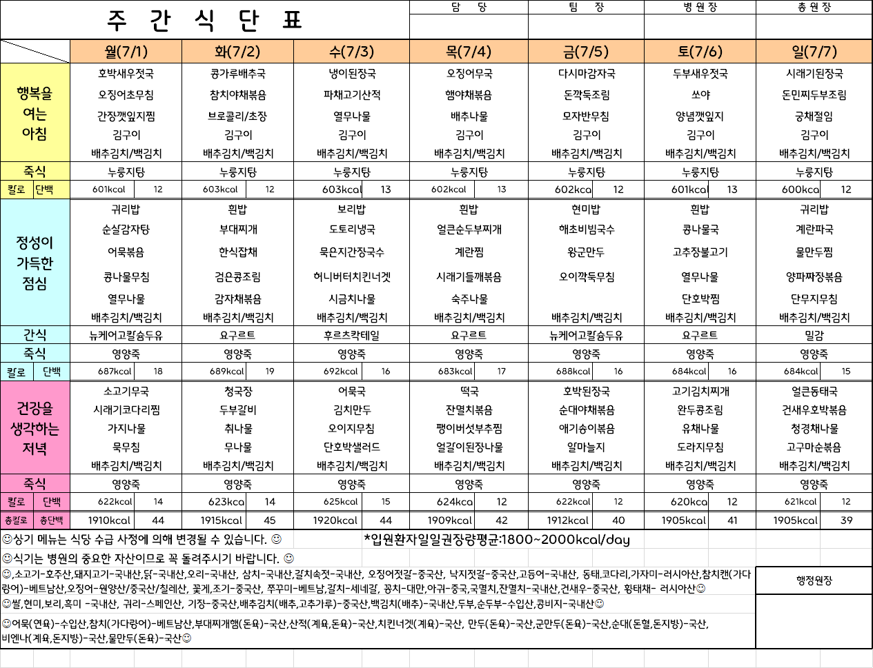 주간식단표(24.7.1 ~ 24.7.7)