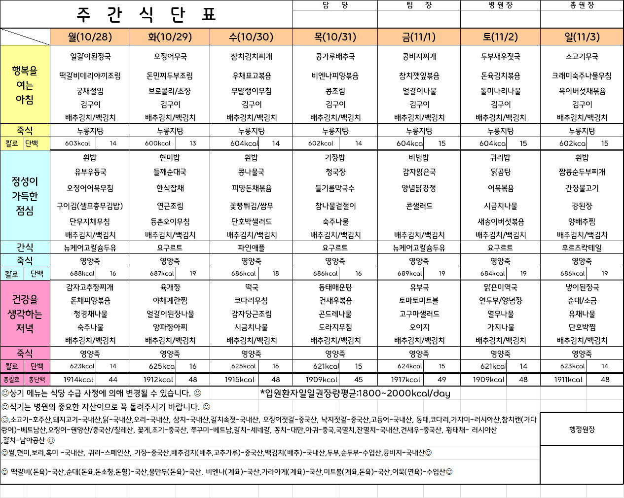 주간식단표(24.10.28 ~ 24.11.3)